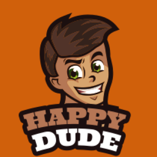 Cartoon character with a big smile and the text 'Happy Dude' in bold letters.
