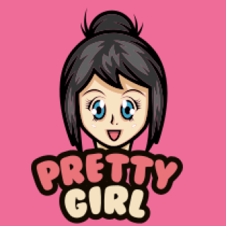 Illustration of a cute anime girl with black hair and blue eyes on a pink background with text saying 'Pretty Girl'.