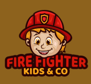 Illustrated logo of a child wearing a red firefighter helmet with text 'Fire Fighter Kids & Co'.
