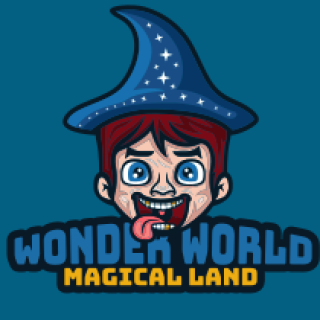 Logo of Wonder World Magical Land featuring a cartoon wizard character with a starry blue hat.