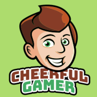 Smiling cartoon character with 'Cheerful Gamer' text on a green background.