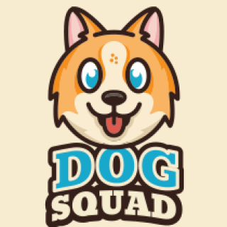 Cartoon dog face with Dog Squad text beneath in a playful design.