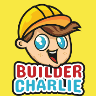 Cartoon character logo of Builder Charlie with a construction hat and smiling face.