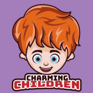 Cartoon logo featuring a red-haired character with a smile on a purple background, labeled 'Charming Children'.