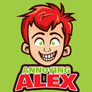 Illustration of cartoon character Annoying Alex with red hair and green background.
