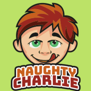 Cartoon logo of Naughty Charlie featuring a playful character with red hair and a smiling face on a green background.