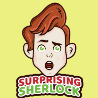 Cartoon image of a surprised face with red hair and freckles, labeled 'Surprising Sherlock'.
