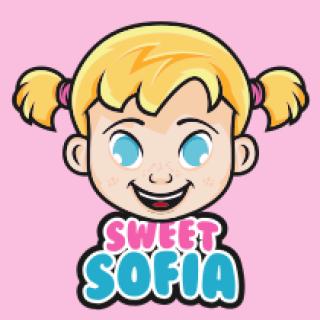 Illustration of a smiling girl with pigtails above the words 'Sweet Sofia' on a pink background.