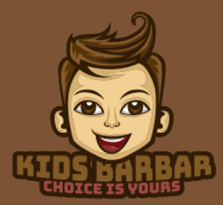 Logo of a kids barber featuring a smiling cartoon boy with stylish hair against a brown background.