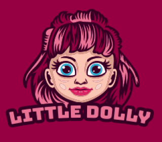 Cartoon logo of Little Dolly featuring a doll face with pink hair and blue eyes on a maroon background.