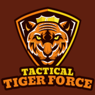 Logo featuring a fierce tiger head with the text 'Tactical Tiger Force' on a brown background.
