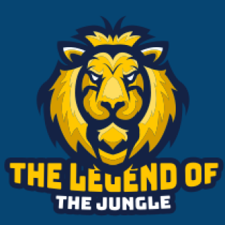 Lion logo design with 'The Legend of the Jungle' text.