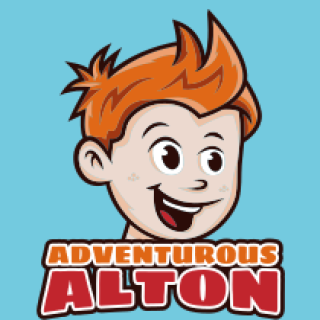 Cartoon logo featuring the character Adventurous Alton with red hair and a big smile.