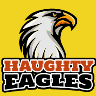 Logo of Haughty Eagles featuring a fierce eagle on a yellow background.