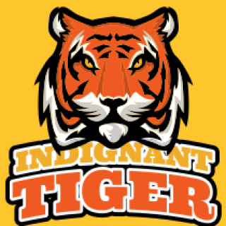 Illustrated tiger head with 'Indignant Tiger' text in a logo design.