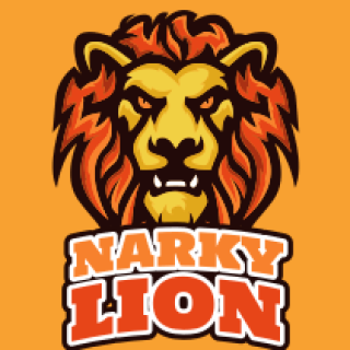 Narky Lion logo with a fierce lion face on an orange background.