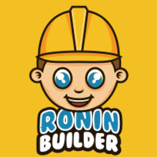 Logo of Ronin Builder with a cartoon mascot wearing a hard hat on a bright yellow background.