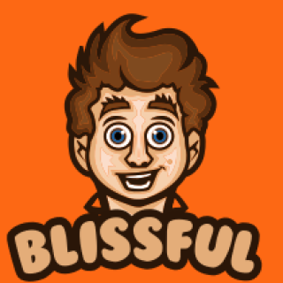 Cartoon character with a blissful expression on an orange background.