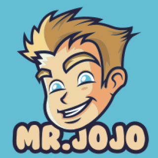 Cartoon illustration of Mr. Jojo with a smiling face on a blue background.