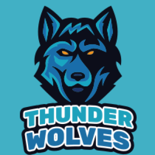 Blue and black logo of a wolf head with text 'Thunder Wolves'.