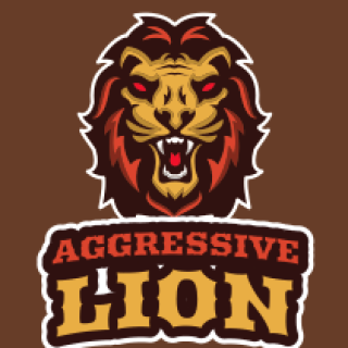 Logo featuring an aggressive lion with a fierce expression and bold text.