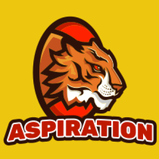 Aspiration logo featuring a fierce tiger illustration on a yellow background.