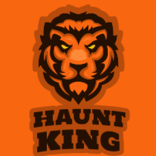 Haunt King logo with a fierce lion head on an orange background.