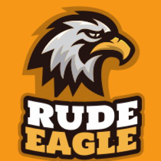 Illustrated logo of a Rude Eagle with a bold, stylized eagle head on an orange background.