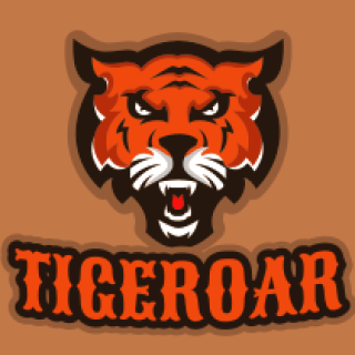 Illustration of a fierce tiger face with the word 'TIGEROAR' in bold letters on a brown background.