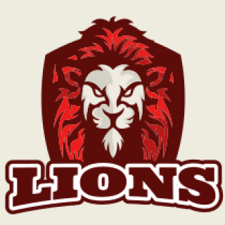 Graphic of a fierce lion mascot with red mane and 'Lions' text below.