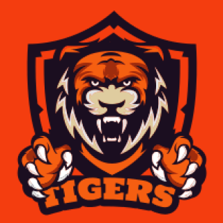 Fierce tiger logo with shield and claws for sports team.