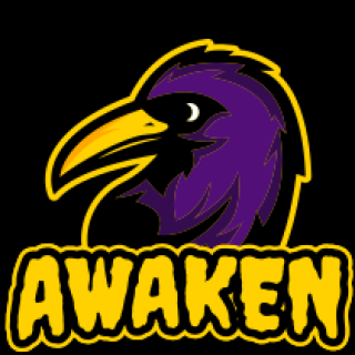 Awaken logo featuring a stylized purple raven