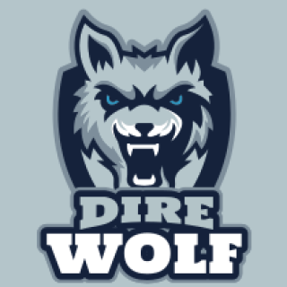 Fierce dire wolf logo emblem with bold typography.
