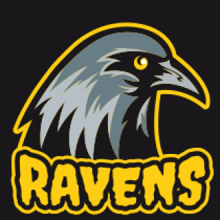 Ravens team logo featuring a raven illustration with bold yellow typography on a black background.