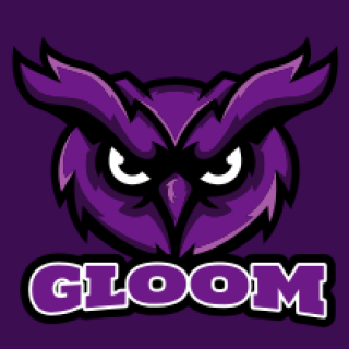 Purple cartoon owl logo with fierce eyes and the word 'Gloom' underneath.