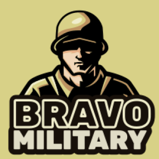 Bravo Military logo featuring a soldier with a helmet in graphic style.