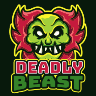 Logo of Deadly Beast featuring a fierce monster face with green and red colors.