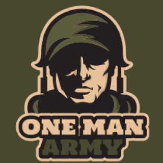 Logo with soldier wearing a helmet and text reading 'One Man Army'.