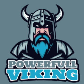 Powerful Viking logo featuring a Viking with a horned helmet and blue beard.