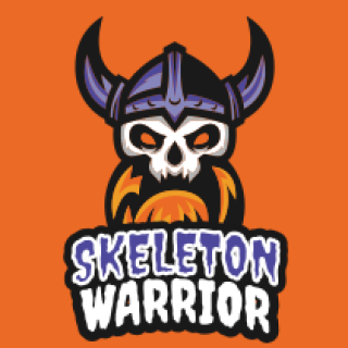 Skeleton warrior logo featuring a skull with a viking helmet on an orange background.
