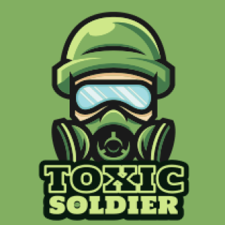 Illustration of a 'Toxic Soldier' logo featuring a figure in a gas mask and helmet on a green background.