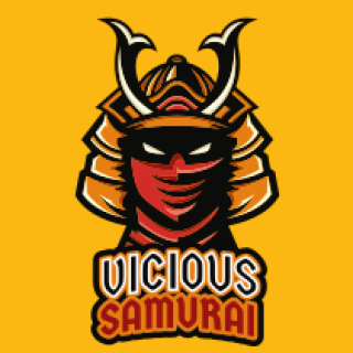 Illustration of a Vicious Samurai logo featuring a warrior in a helmet and red mask.