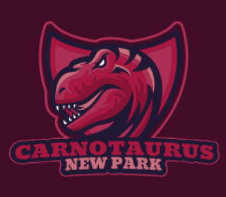 Carnotaurus dinosaur logo with text 'New Park' on a maroon background.