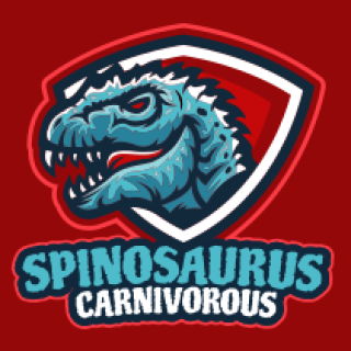 Fierce Spinosaurus carnivorous logo design featuring a dinosaur head and bold text.