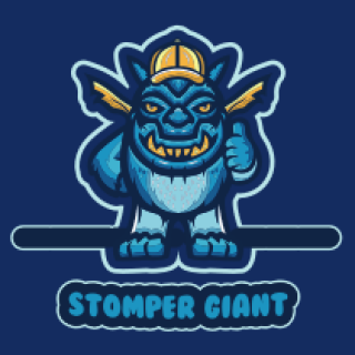 Illustration of a blue monster named Stomper Giant wearing a yellow cap.