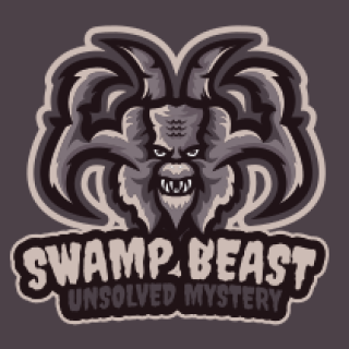 Illustration of a swamp beast with horns and sharp teeth, featuring the text 'Swamp Beast Unsolved Mystery'.
