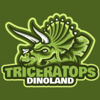 Illustrative Triceratops Dinoland logo on a green background.
