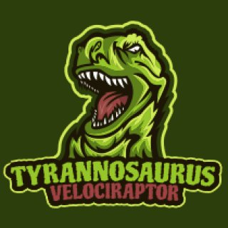 Illustrated logo of Tyrannosaurus and Velociraptor in green tones.