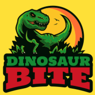 Dinosaur Bite logo with a green T-Rex and sunset on a yellow background.