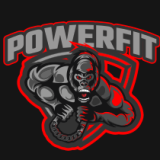 Powerfit logo featuring a muscular gorilla holding a kettlebell with red accents.